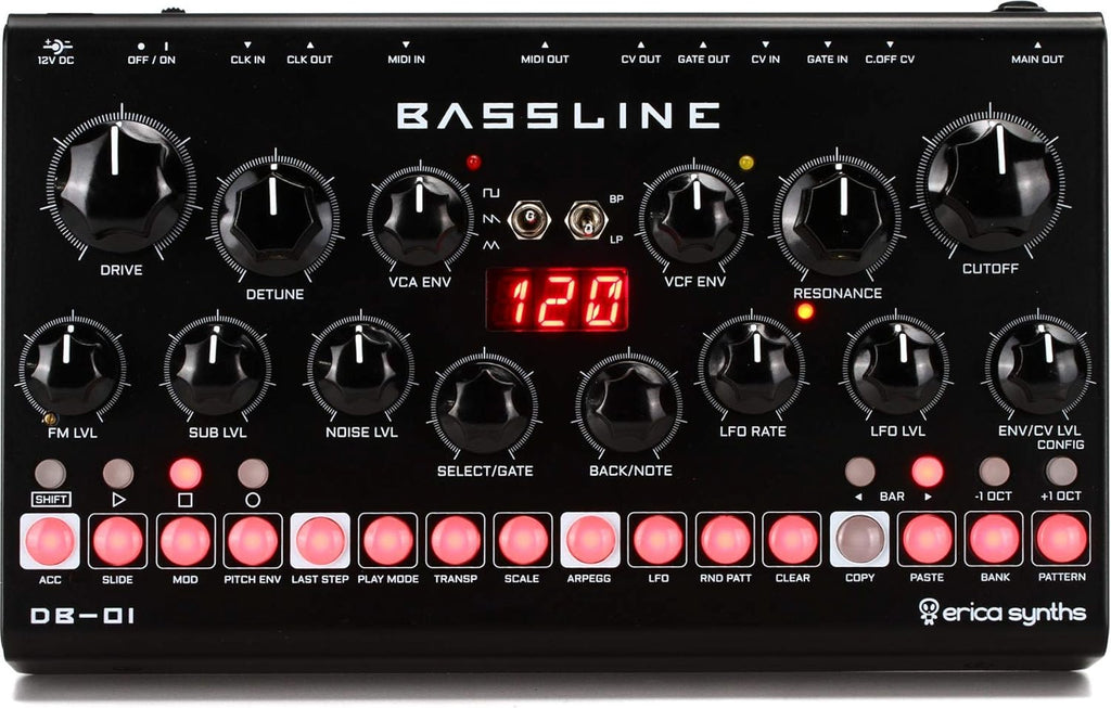 Erica Synths Desktop Bassline DB-01 synthesizer with a compact black control panel, knobs, and input/output jacks for bass sounds.