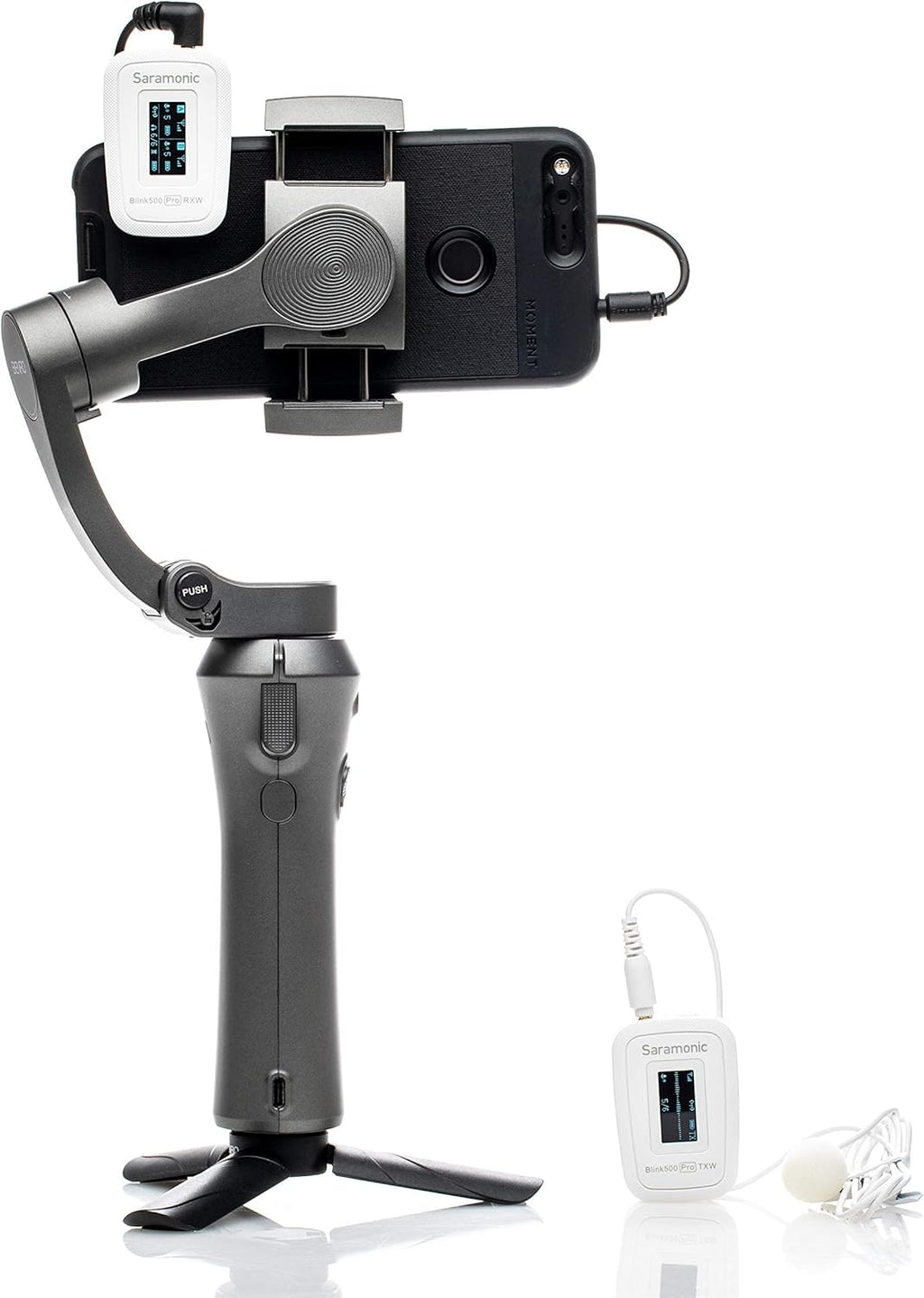 Saramonic Blink 500 Pro B1 wireless microphone system for creators, showing compact transmitter and receiver units with antenna.