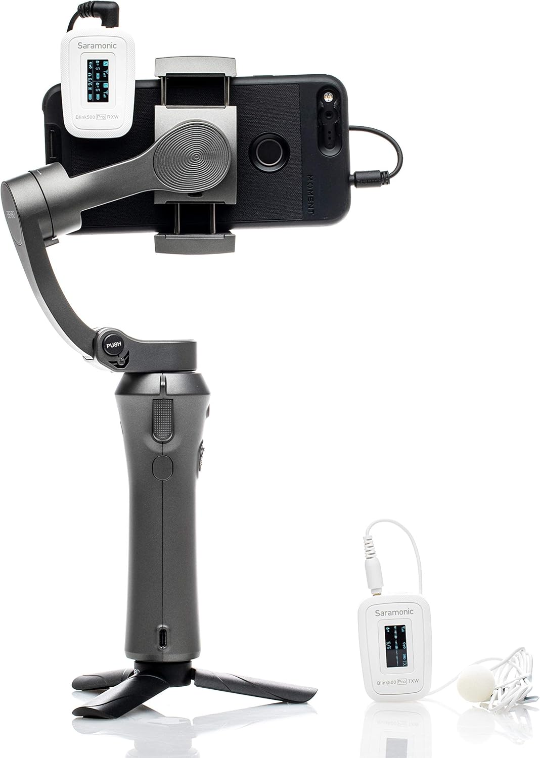 Saramonic Blink 500 Pro B1 wireless microphone system for creators, showing compact transmitter and receiver units with antenna.