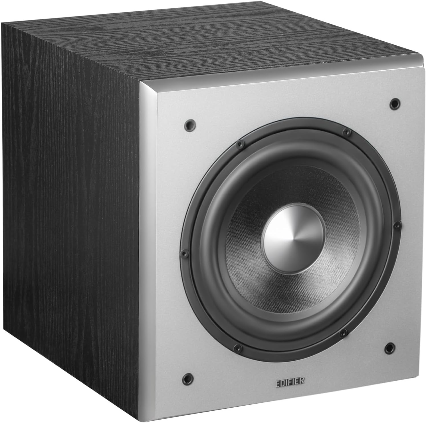 Edifier T5 powered subwoofer with sleek black design, featuring a circular speaker grille and adjustable control knob on the front.