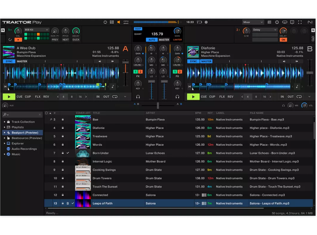 Native Instruments Traktor Play DJ software interface showing waveform displays and control panels for music mixing.