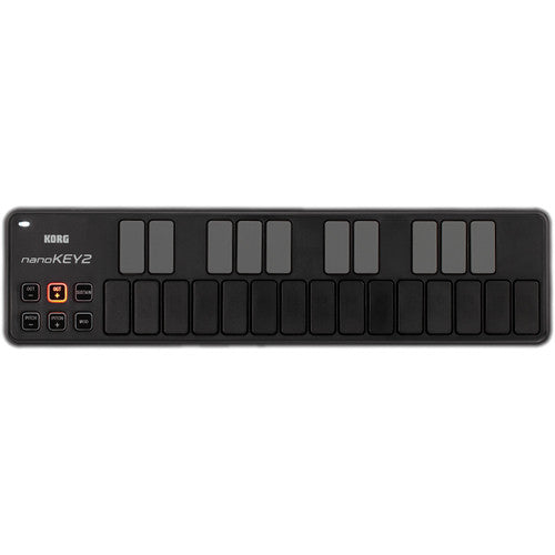 Korg NanoKey2 black MIDI keyboard with 25 velocity-sensitive keys and compact design for music production and performance.