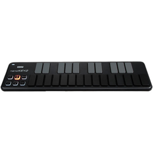Korg NanoKey2 black MIDI keyboard with 25 velocity-sensitive keys, compact design for music production and live performance.