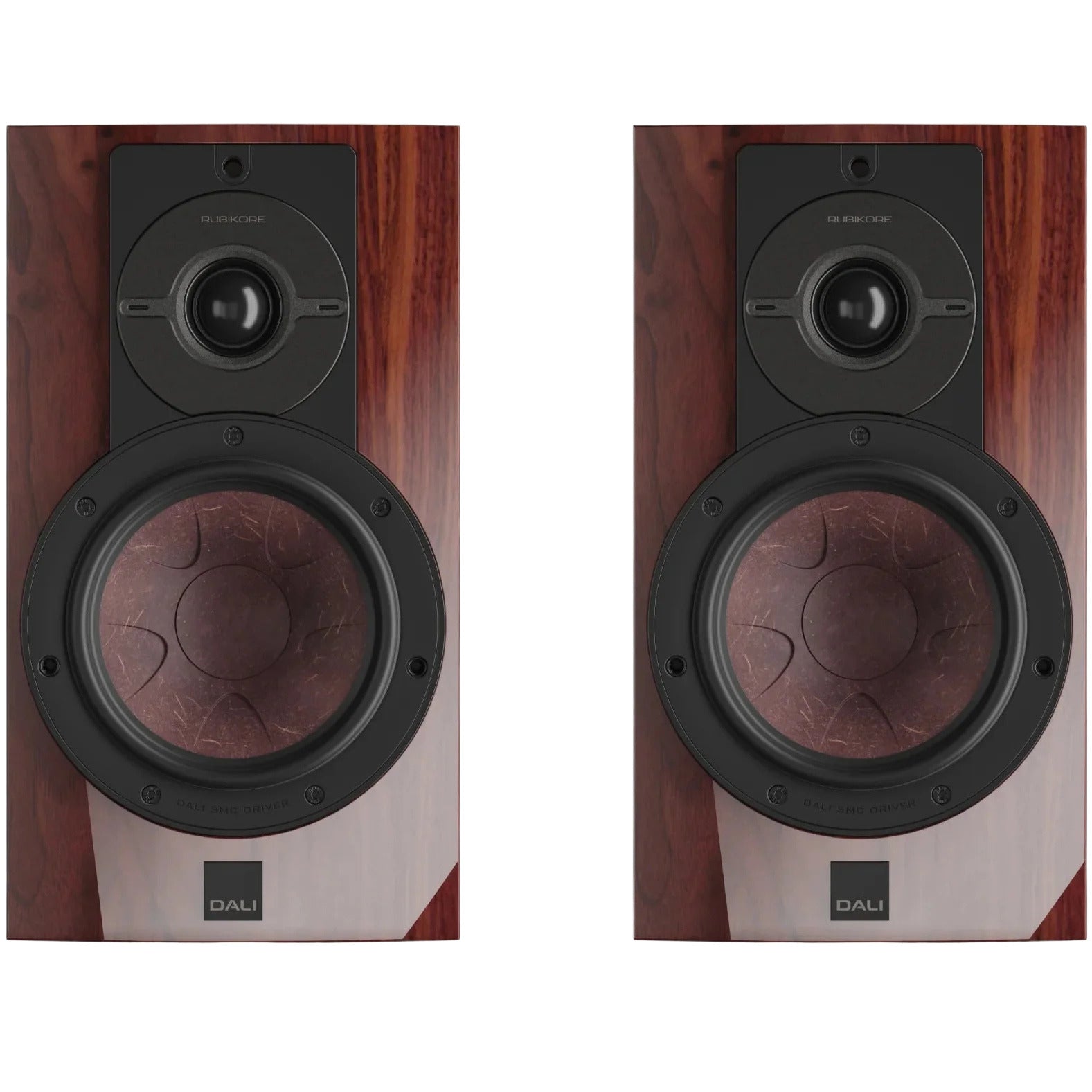 DALI Rubikore 2 passive bookshelf speakers with black cabinets and front speaker grilles, designed for home audio systems