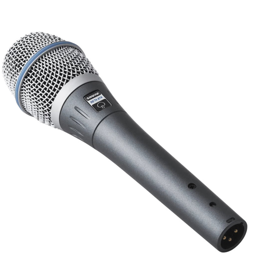 Shure Beta 87A condenser microphone with a silver body and grille, ideal for professional vocals and studio recording.