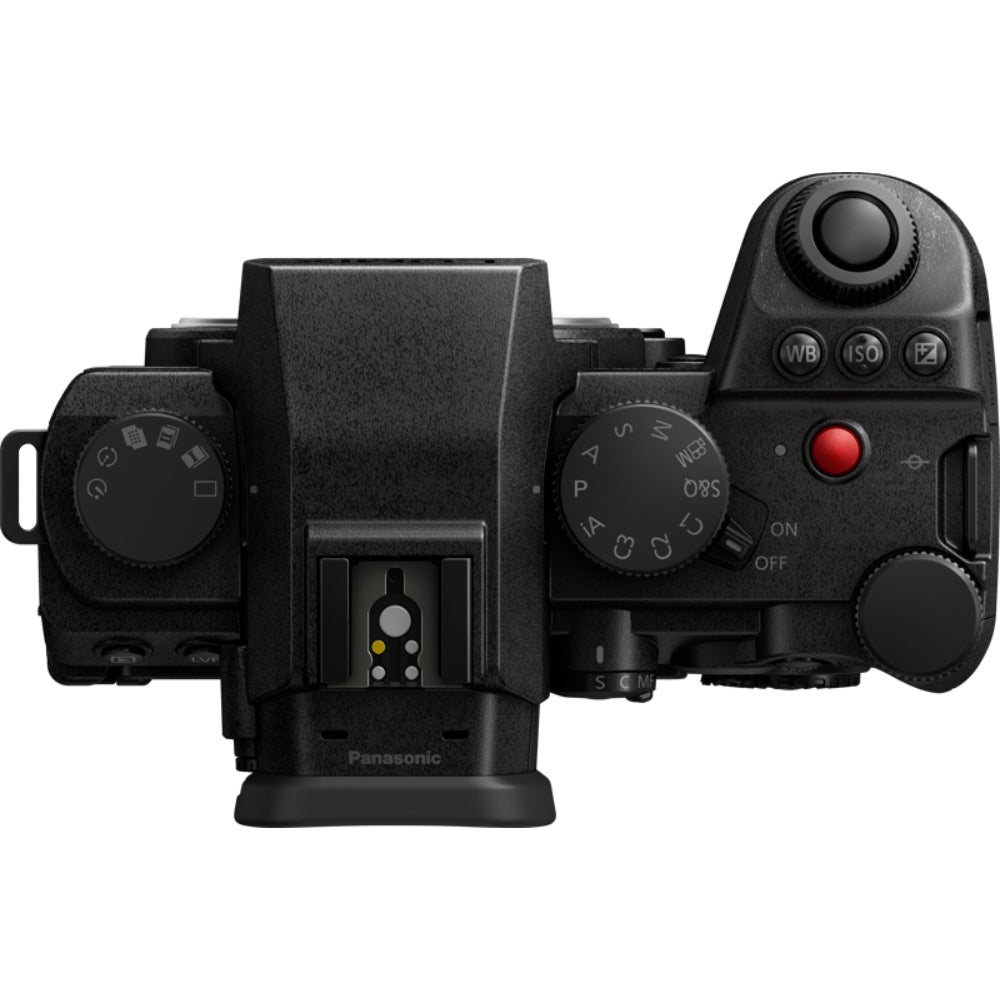 Panasonic Lumix S5M2X video camera with professional lens and LCD screen, designed for high-quality filmmaking and videography.