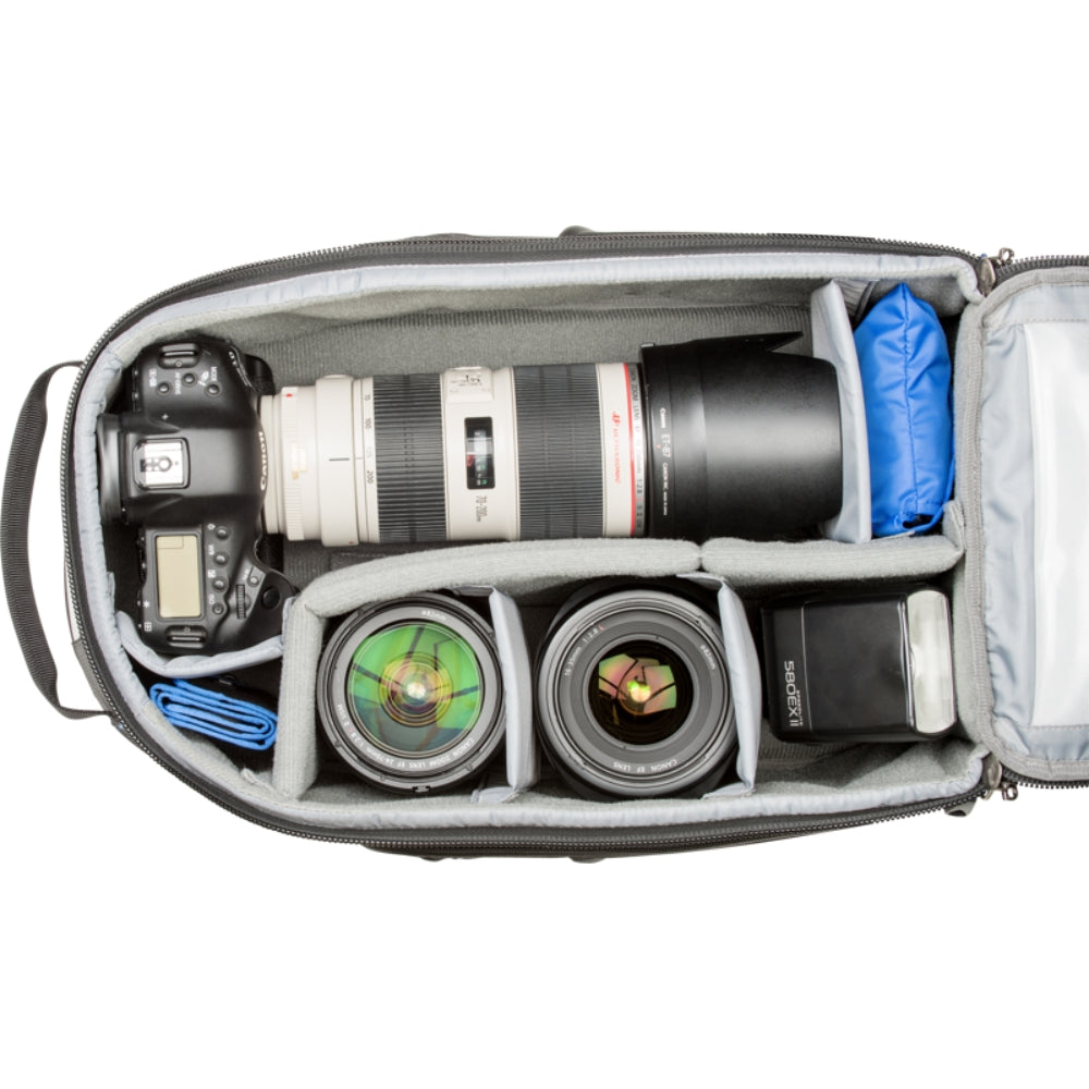 Think Tank StreetWalker Pro V2.0 video equipment bag showing multiple compartments and padded design for professional gear storage.