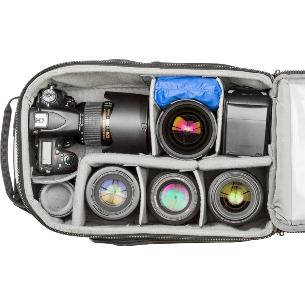 Think Tank StreetWalker V2.0 video equipment bag showing padded compartments and adjustable straps for camera gear storage.