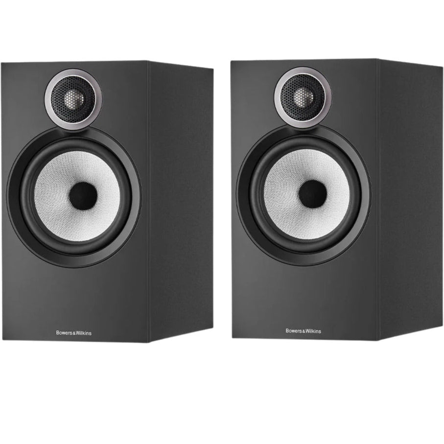 Bowers & Wilkins 606 S3 passive bookshelf speakers with black speaker grilles and wood finish, ideal for home audio systems.