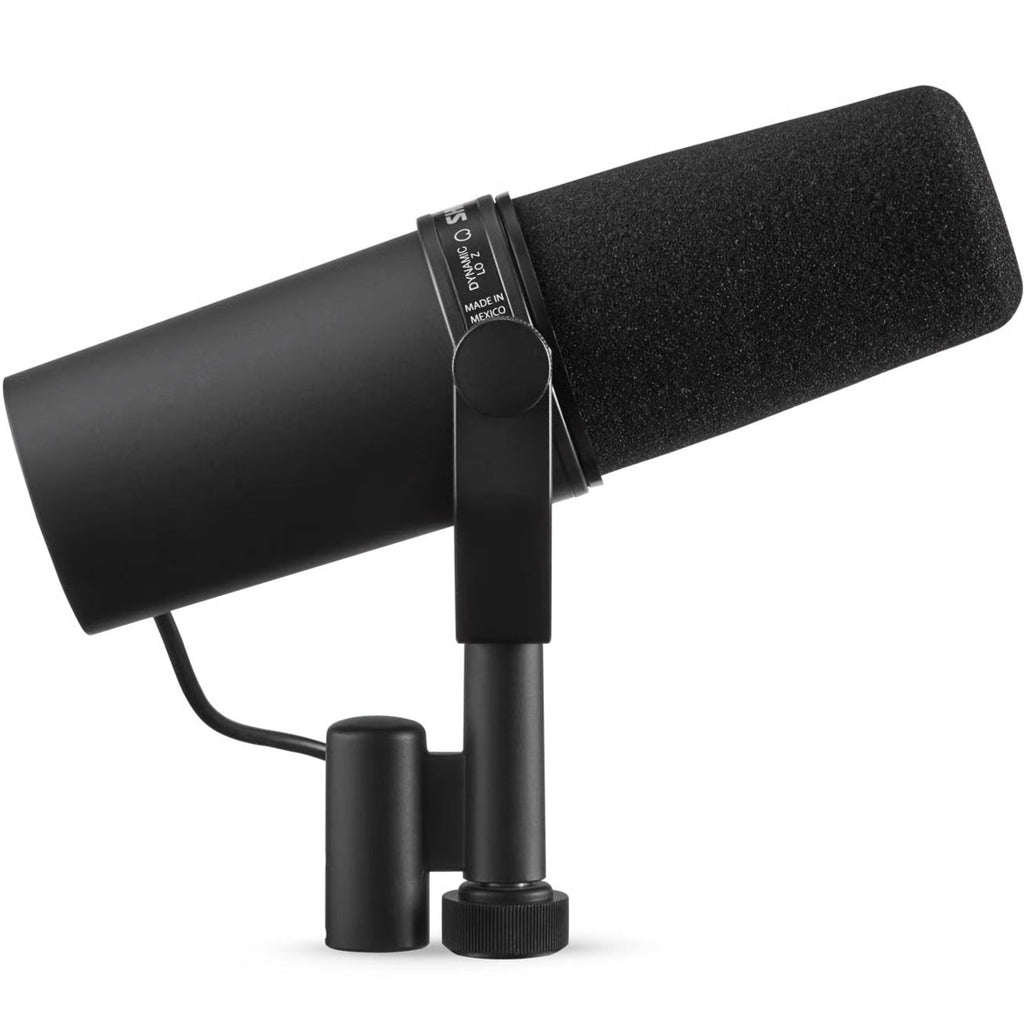 Shure SM7B dynamic microphone with MVX2U XLR-to-USB adapter in black, ideal for professional podcast and studio recording setups.
