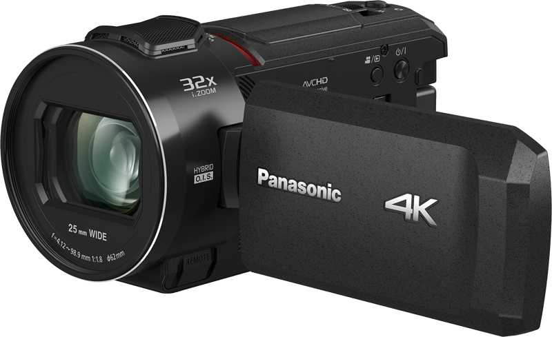 Panasonic HC-VX3 camcorder showing the front view with lens and controls, designed for high-quality video recording.