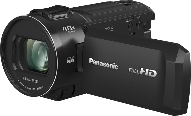 Panasonic HC-V900 camcorder with 4K video recording, handheld design, and adjustable lens for high-quality video capture.