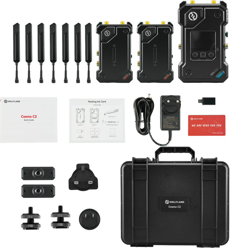Hollyland Cosmo C2 wireless video transmission system with two transmitters and one receiver, compact and professional-grade.