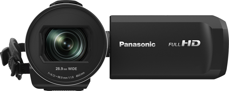 Panasonic HC-V900 camcorder with 4K video recording, black body, and zoom lens, ready for capturing high-quality videos.