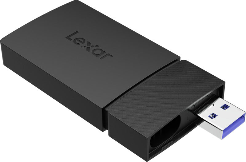 Lexar microSD/SD USB-A and C card reader displaying multiple card slots and USB connector for data transfer and storage.
