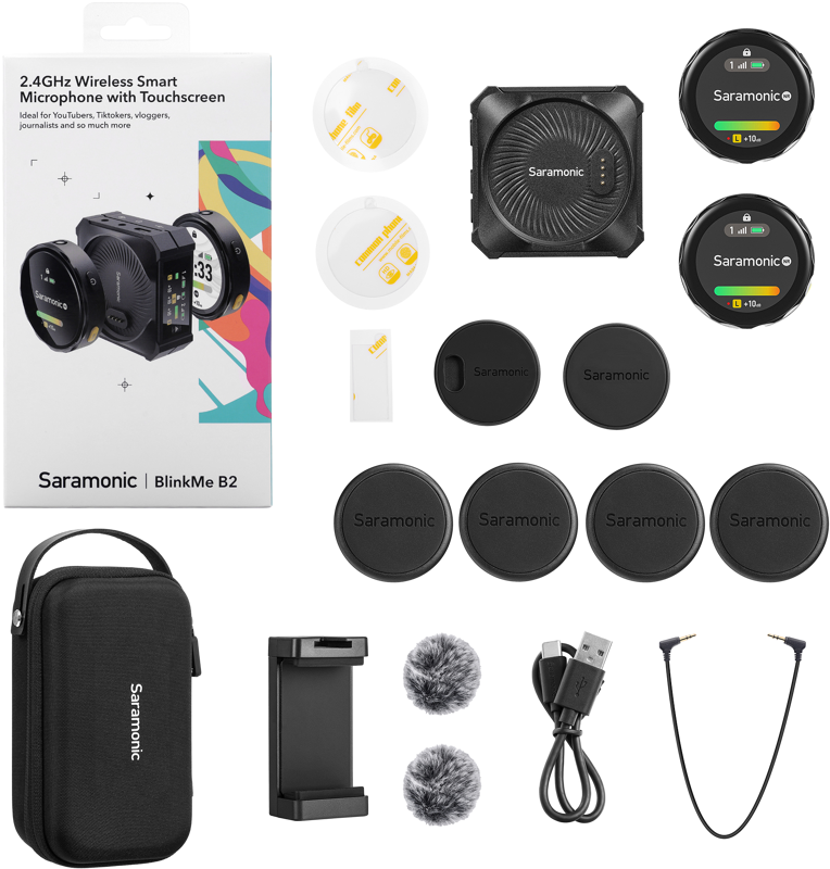Wireless microphone system from Saramonic BlinkMe B2 Creator wireless microphone system with microphones and receiver components.