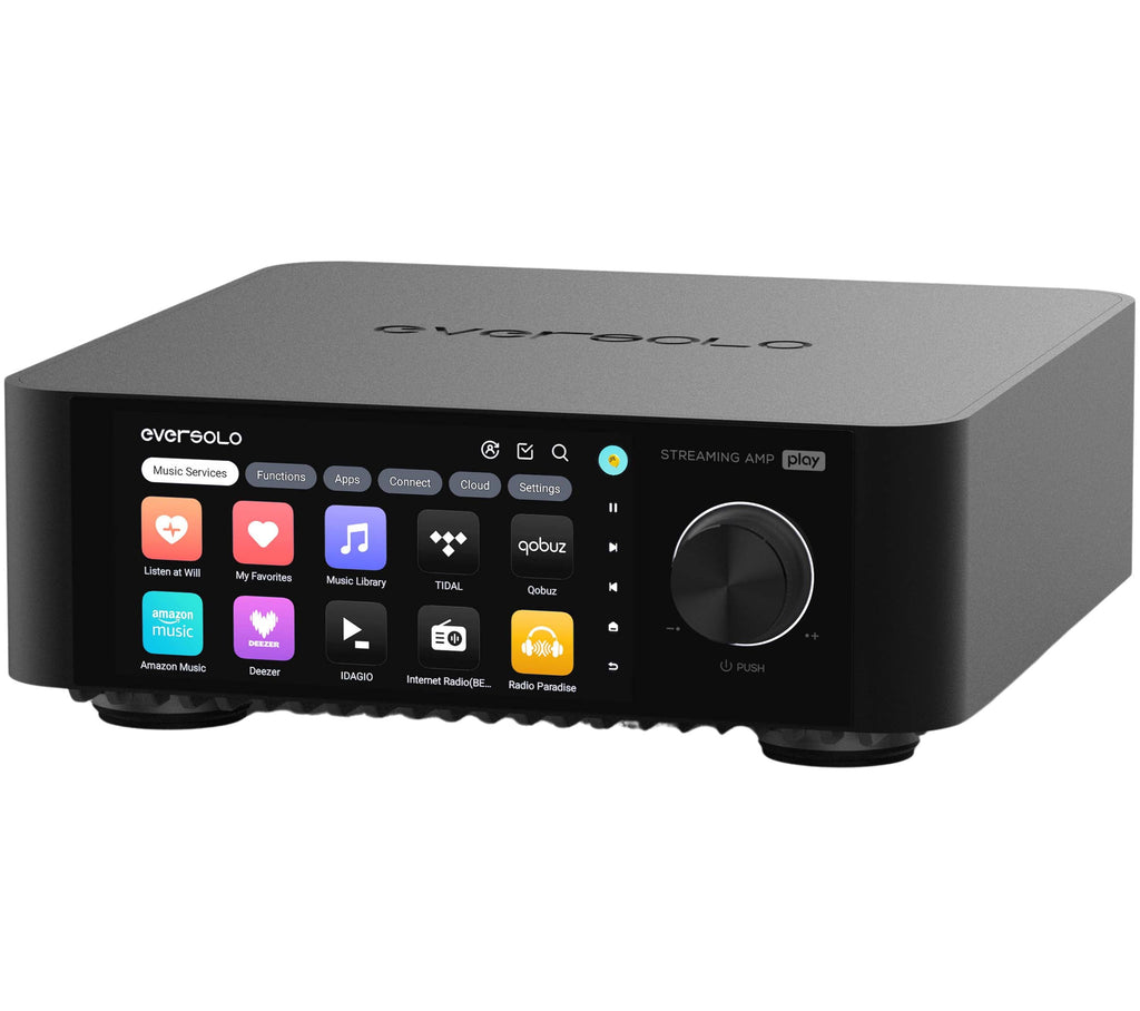 Eversolo Play music streamer device with sleek black design, front display, and connectivity ports for high-quality audio streaming.