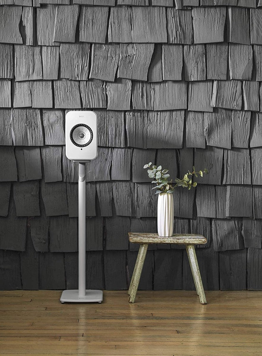 KEF S1 speaker stands for KEF LSX, showcasing sleek black speaker support with cable management for optimal audio setup.