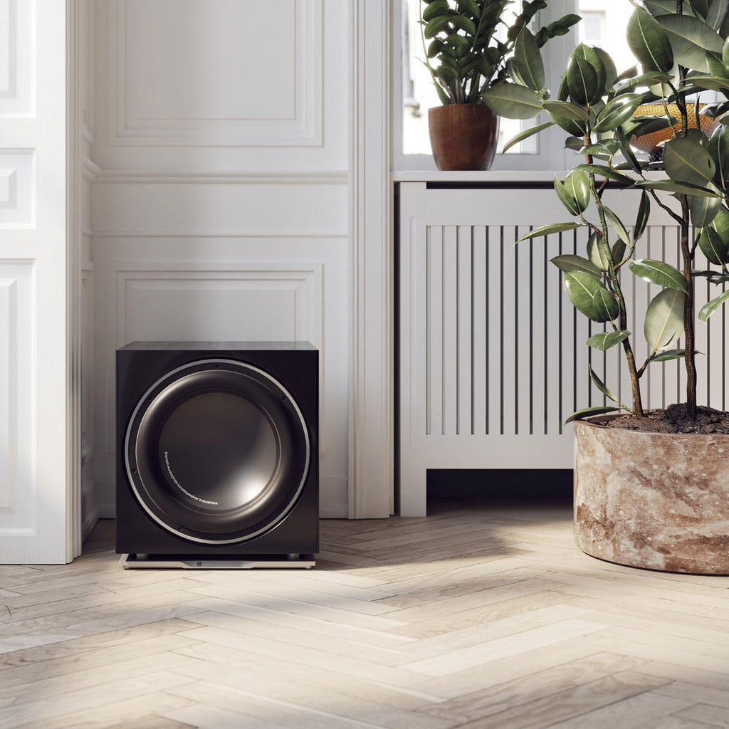 DALI Dali Sub E-9 F subwoofer with black cabinet, front view showing speaker grille and control panel