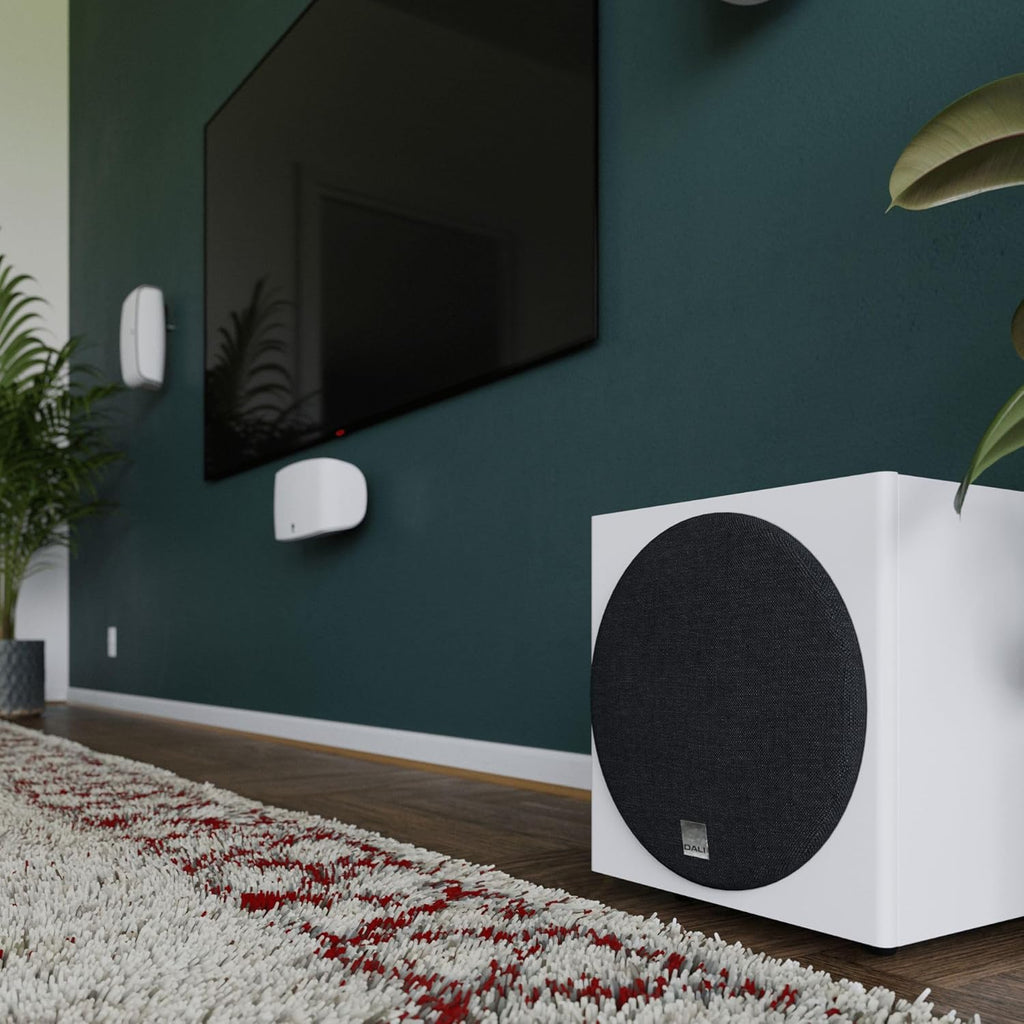 DALI Dali Sub E-9 F subwoofer with sleek black enclosure and front-firing driver, designed for deep bass and powerful sound.