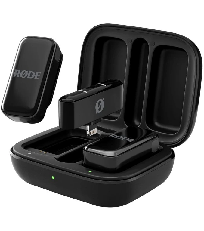 Rode Wireless Micro Lightning wireless microphone system in black with transmitter and receiver units on a white background.