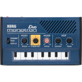 Korg Monotron DUO synthesizer with dual oscillators and vibrato, compact electronic music instrument with colorful controls.