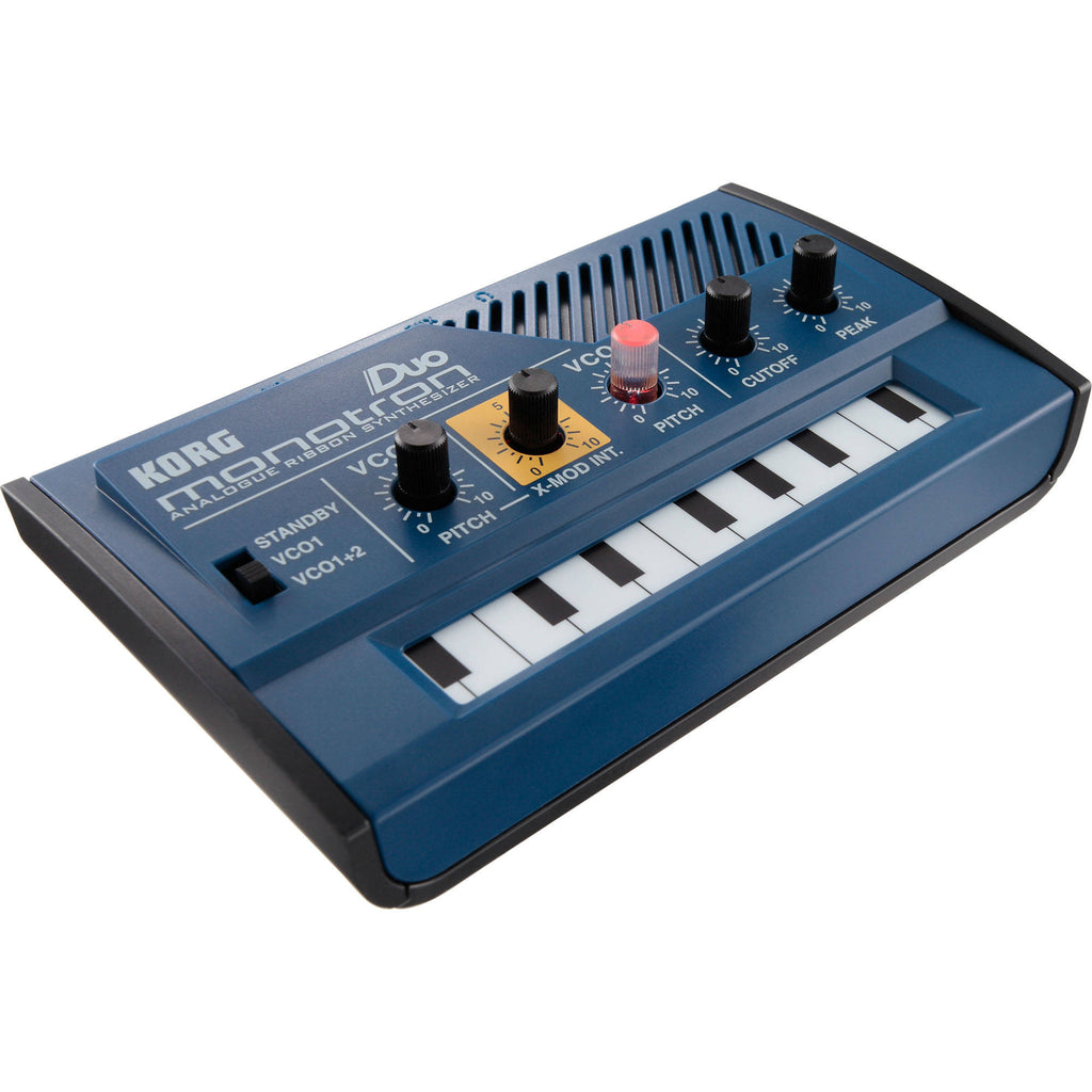 Korg Monotron DUO synthesizer with dual oscillators and analog controls, compact electronic music instrument.