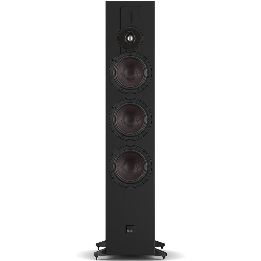DALI Sonik 9 passive floorstanding speakers with wood grain finish and sleek design, showcasing a tall, modern audio speaker setup.