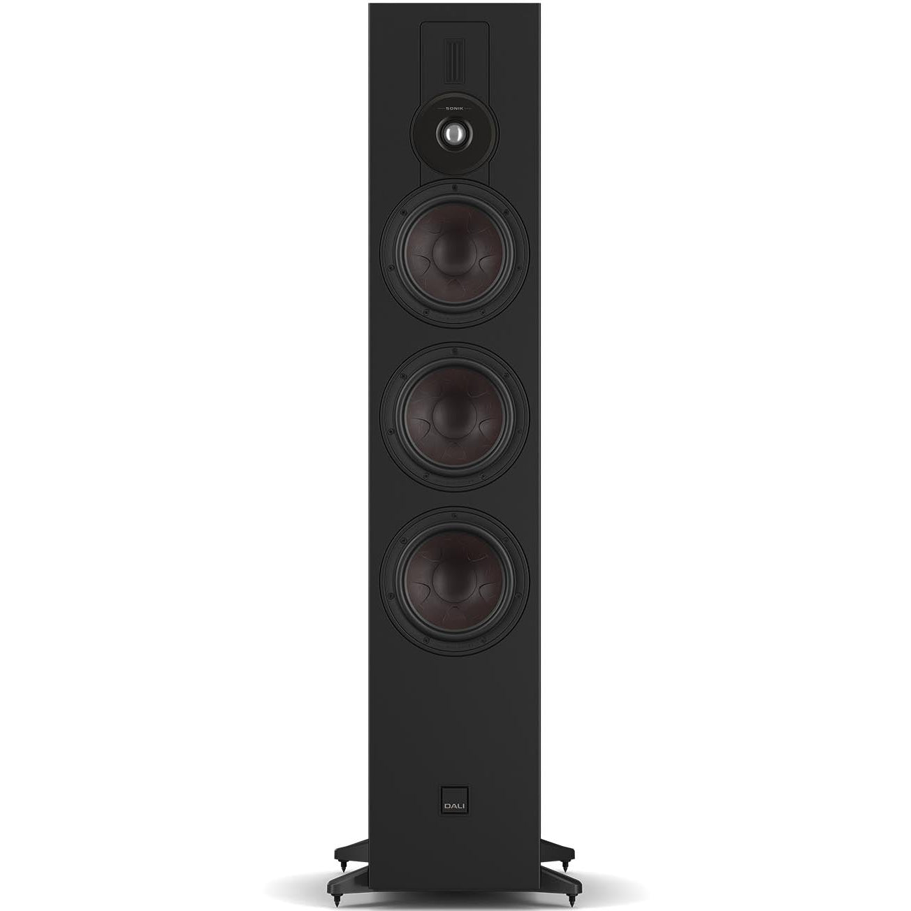 DALI Sonik 9 passive floorstanding speakers with wood grain finish and sleek design, showcasing a tall, modern audio speaker setup.