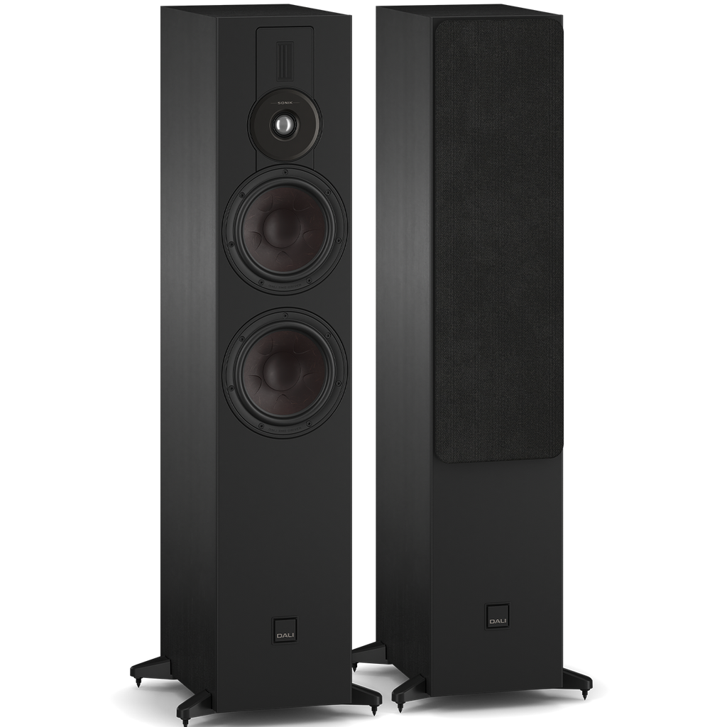 DALI Sonik 7 passive floorstanding speakers with sleek black finish and multiple drivers for high-quality sound.