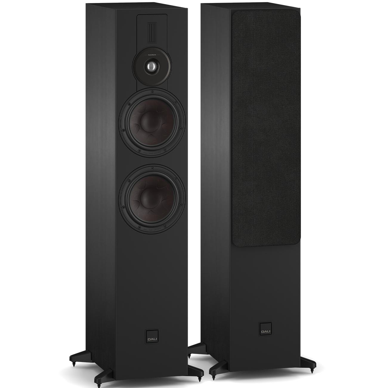 DALI Sonik 7 passive floorstanding speakers with sleek black finish and multiple drivers for high-quality sound.