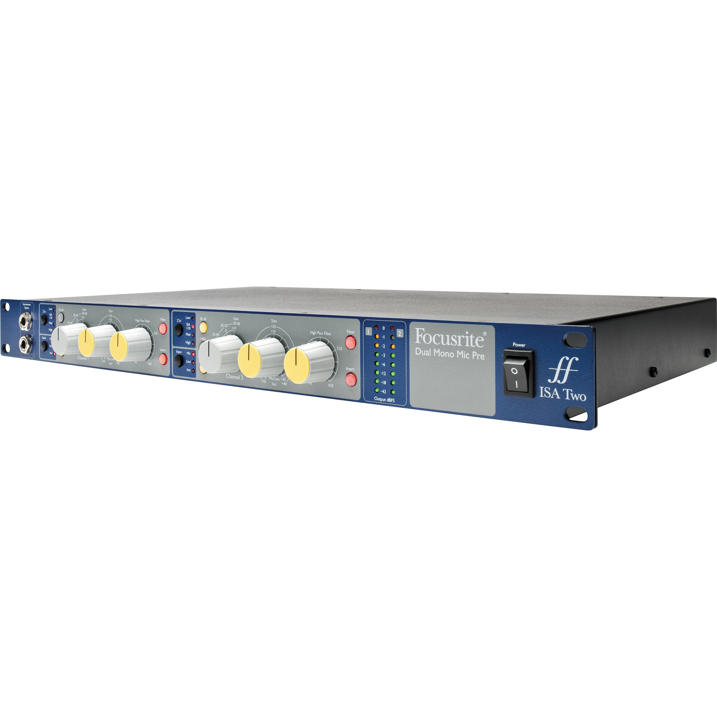 Focusrite ISA Two microphone preamp with dual channels and vintage-style controls, used for professional audio recording.