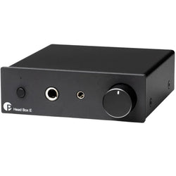 Pro-Ject Head Box E headphone amplifier and DAC with sleek black design and multiple input/output ports.