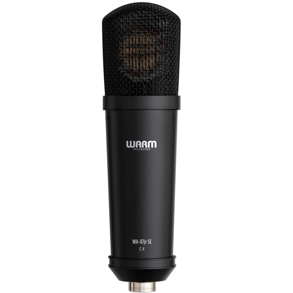 Warm Audio WA-87jr SE condenser microphone in black, shown from the back, highlighting its compact design and build quality.