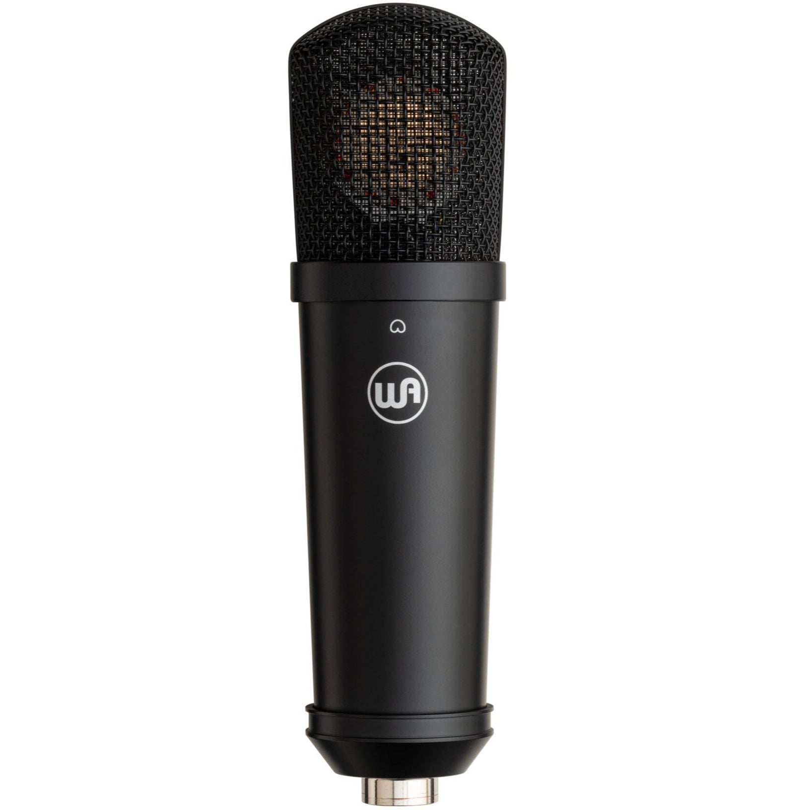 Warm Audio WA-87jr SE condenser microphone in black, front view showcasing its compact design and professional-grade build.
