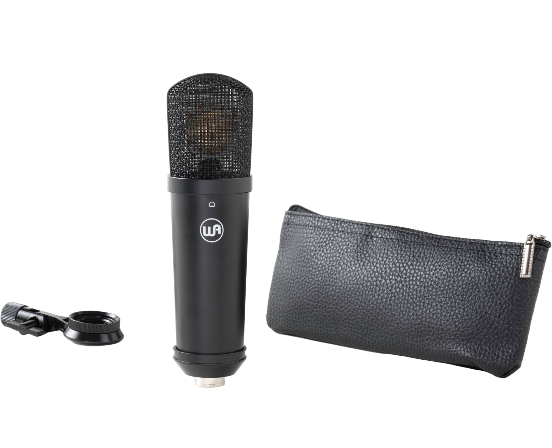 Warm Audio WA-87jr SE condenser microphone in black, showing the compact design and branding on the front.