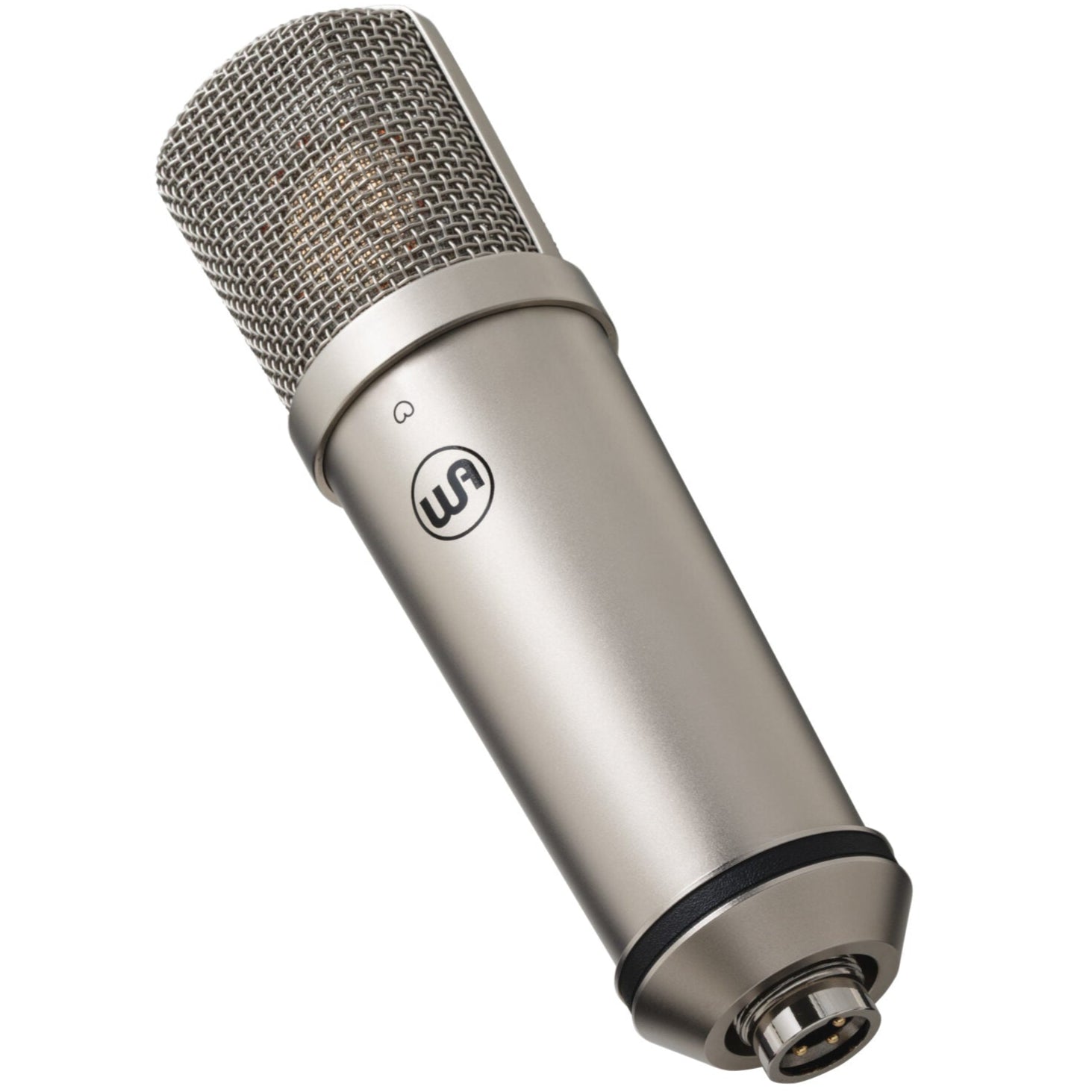 Warm Audio WA-87jr SE condenser microphone with nickel finish, shown from an angled view highlighting its sleek design.