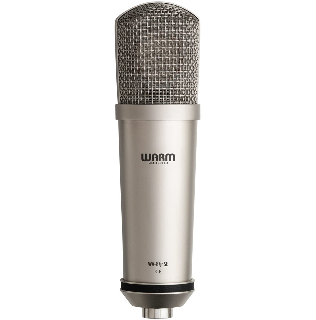 Warm Audio WA-87jr SE condenser microphone with nickel finish, shown from the back view, highlighting its professional studio design.