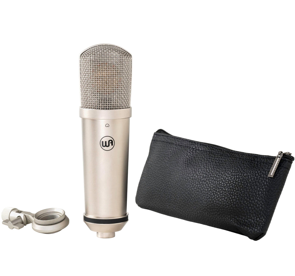 Warm Audio WA-87jr SE condenser microphone with nickel finish, shown with its shock mount and cable.