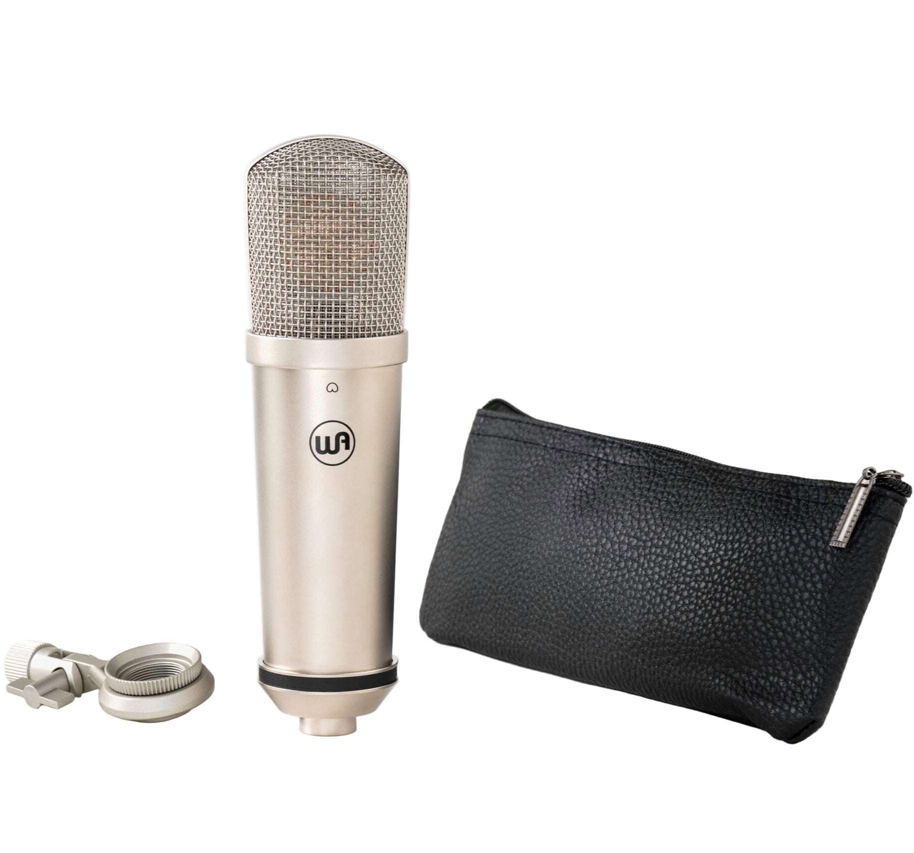 Warm Audio WA-87jr SE condenser microphone with nickel finish, shown with its shock mount and cable.