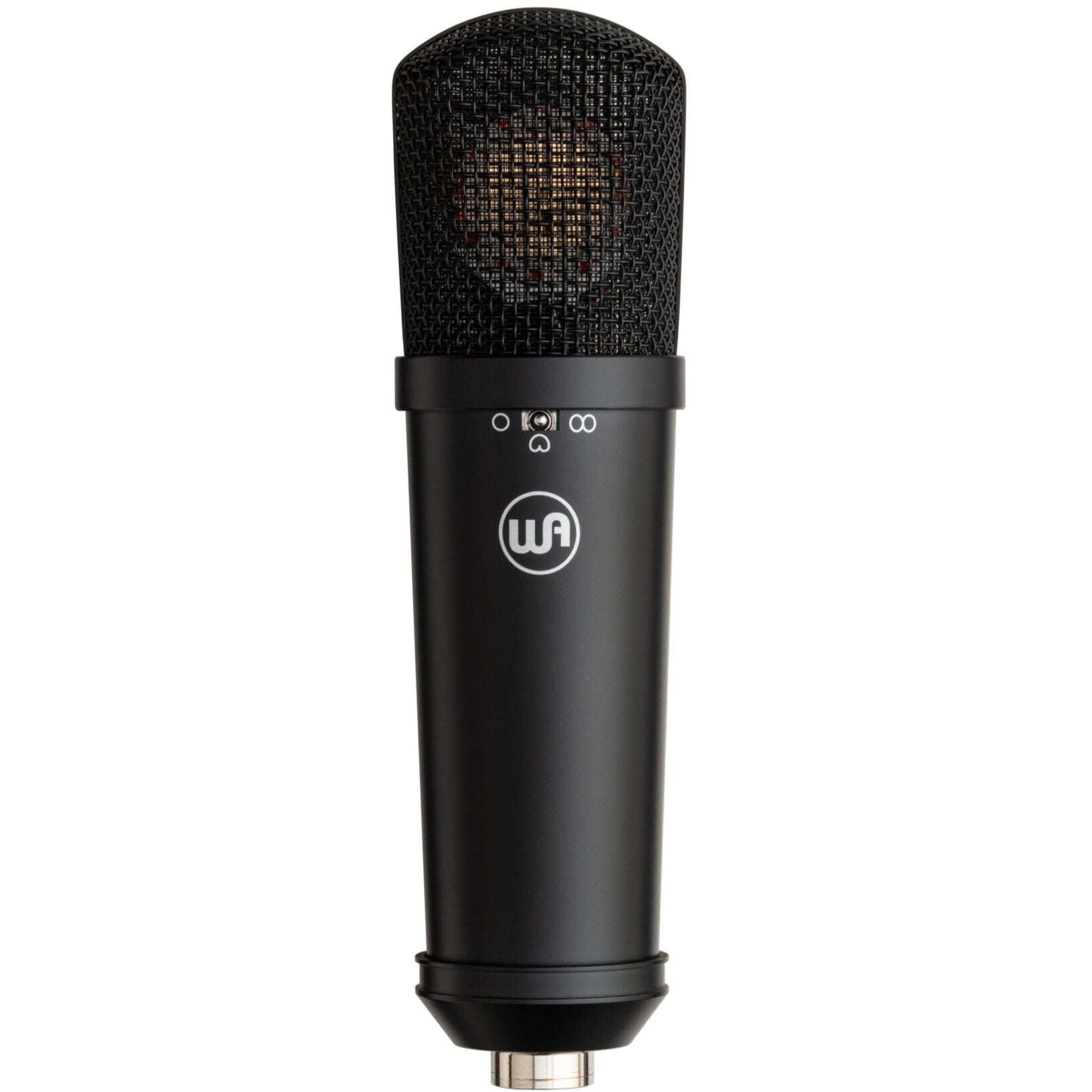 Warm Audio WA-87jr condenser microphone in black, front view showing the classic microphone design and branding.