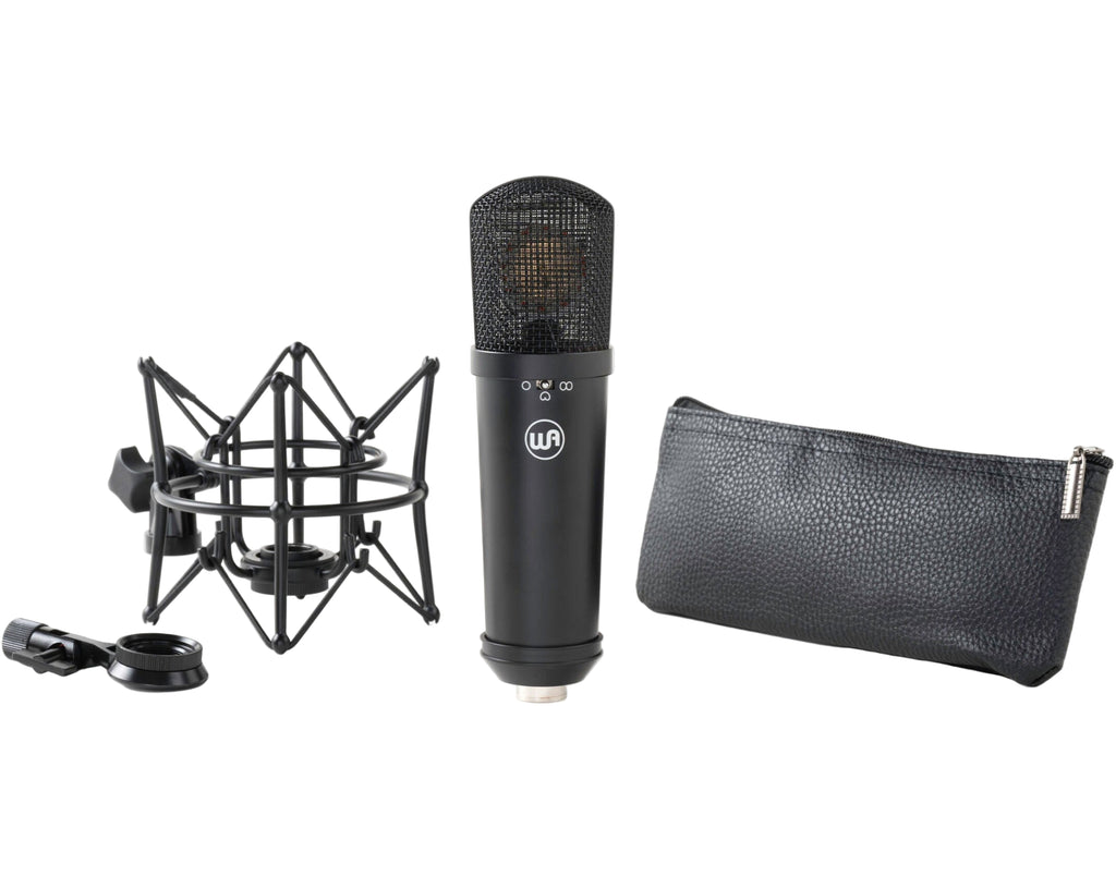 Warm Audio WA-87jr condenser microphone in black, with a sleek cylindrical body and metal grille, designed for studio recording.