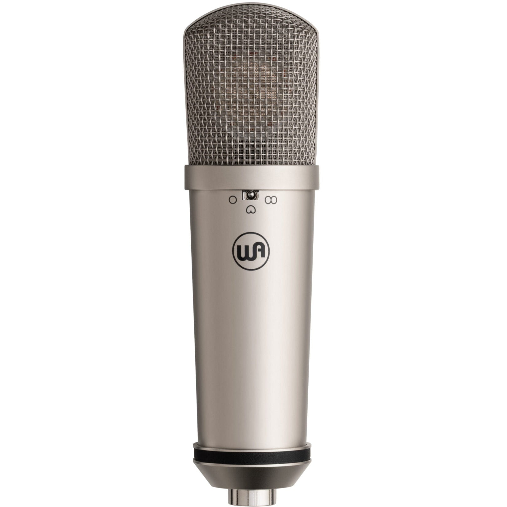 Warm Audio WA-87jr nickel condenser microphone shown from the front, featuring a sleek metallic finish and professional audio equipment design.