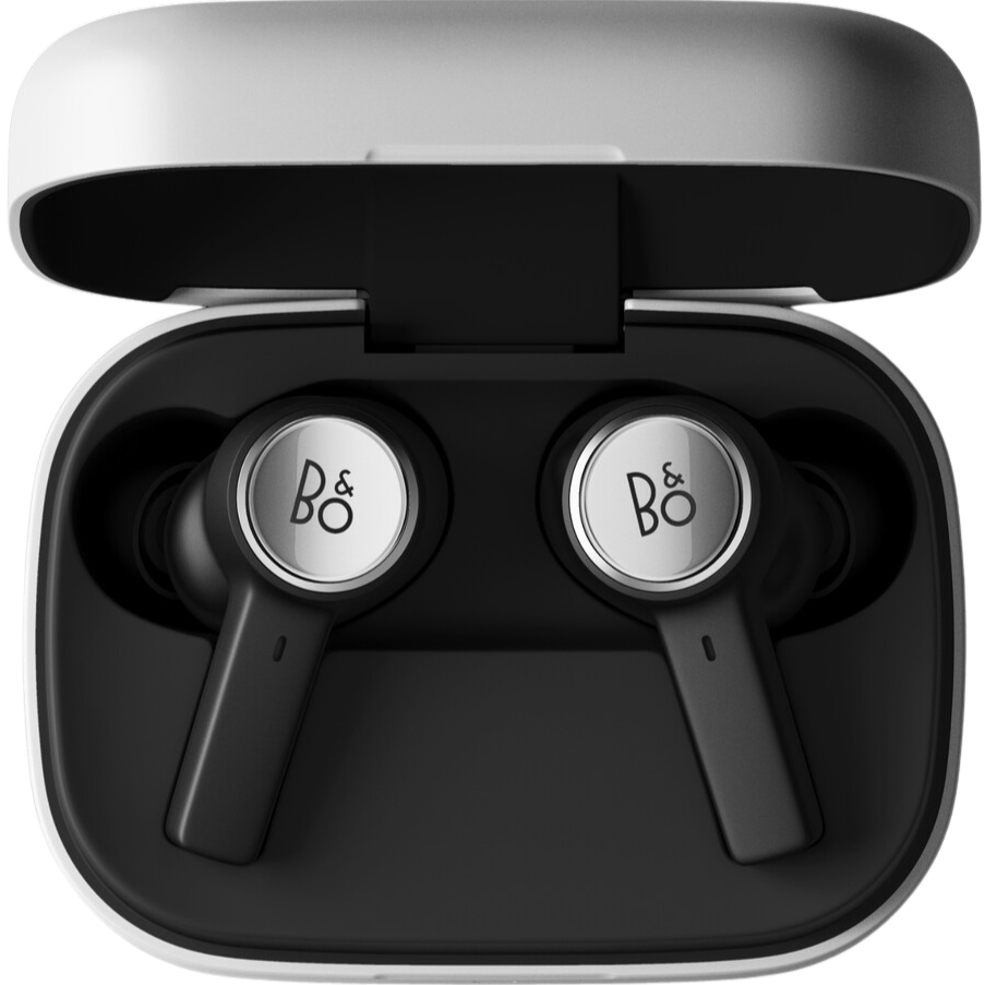 Wireless in-ear headphones by Bang & Olufsen Beoplay Eleven with sleek black design and compact charging case.