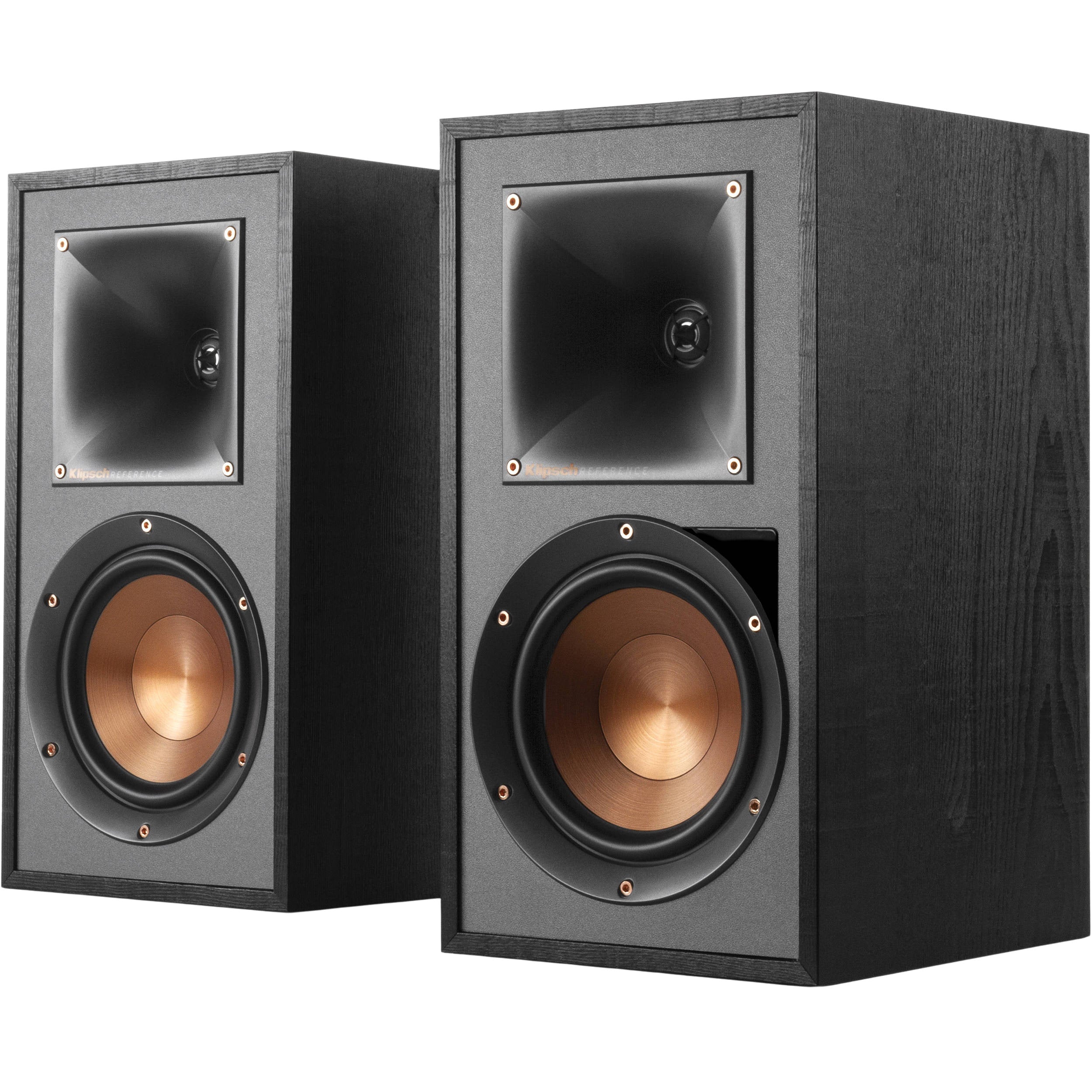 Klipsch R-51PM active bookshelf speakers with black cabinets and front-facing drivers, designed for high-quality audio.