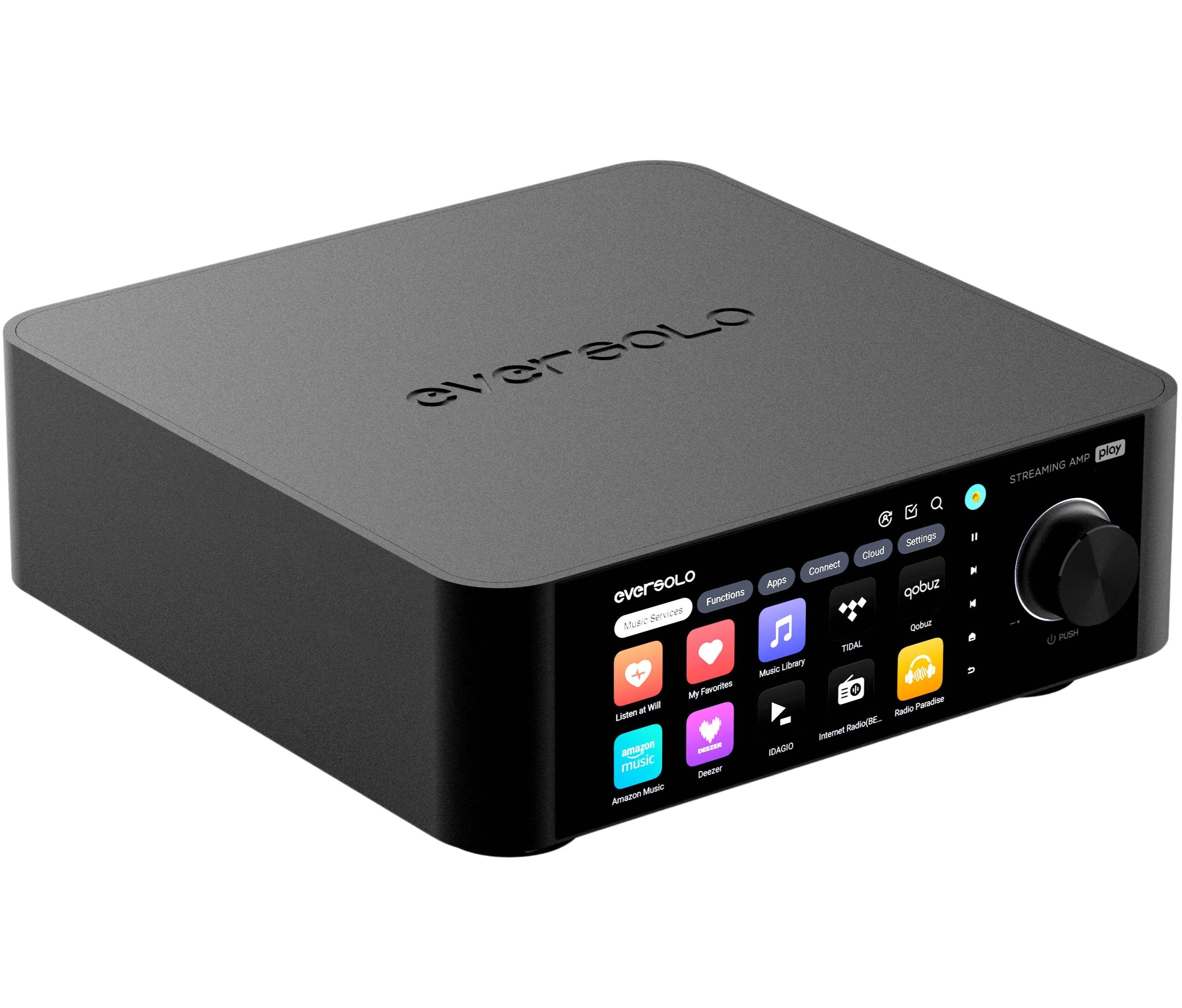 Eversolo Play music streamer with sleek design, displaying front panel and connectivity ports in a modern home setting.