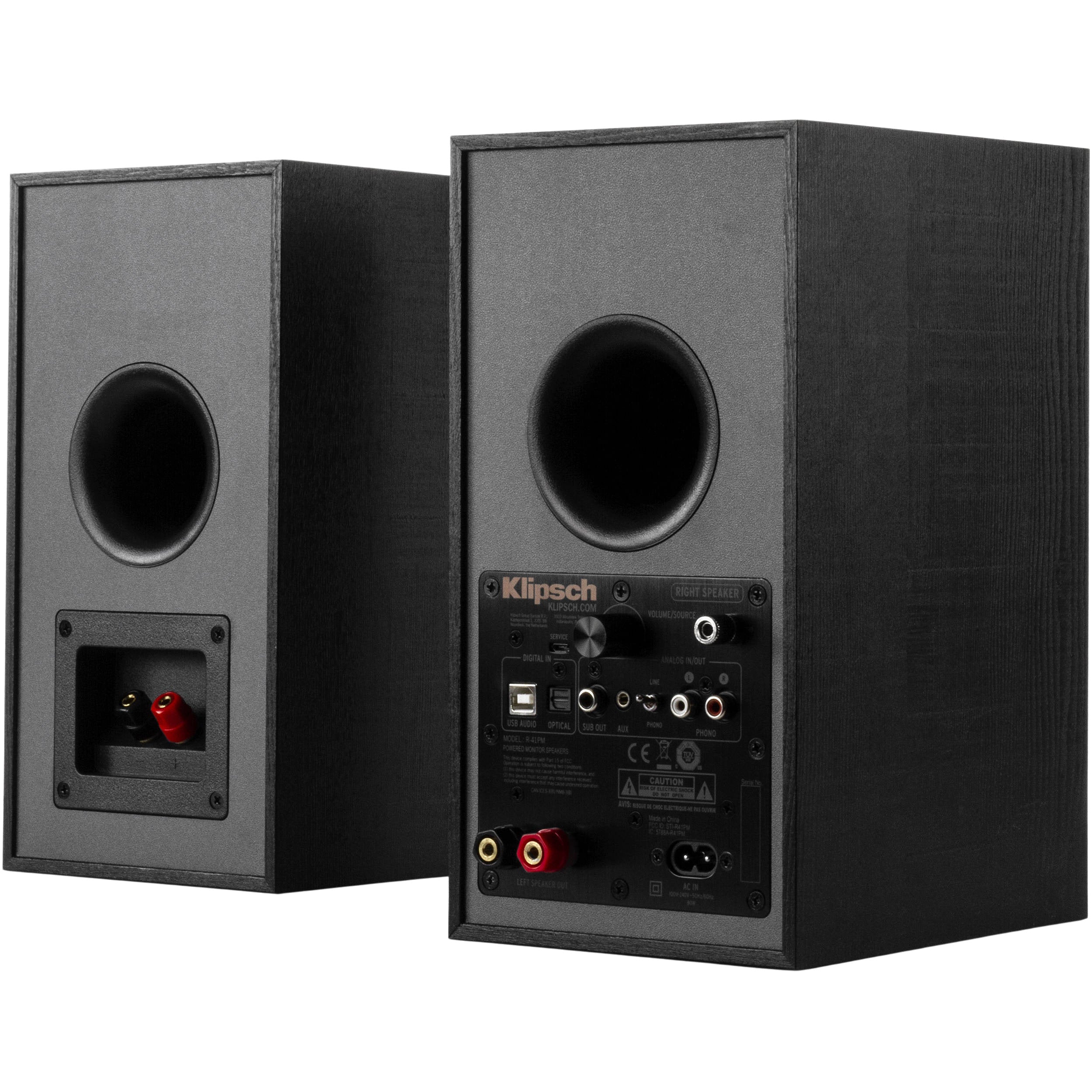 Klipsch R-41PM active bookshelf speakers with black cabinets and front control panel, designed for high-quality audio.