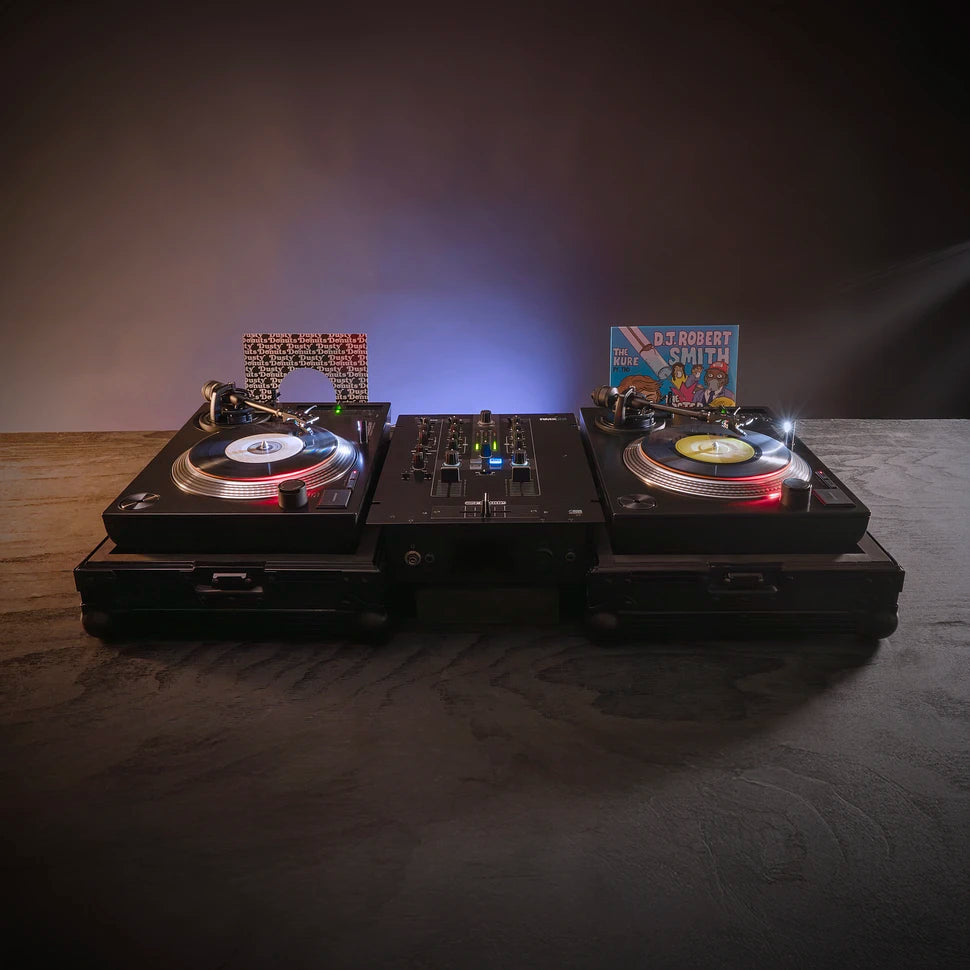 Black Reloop RP-7 DJ turntable with pitch control, sturdy build, and professional-grade features for vinyl mixing and DJing.