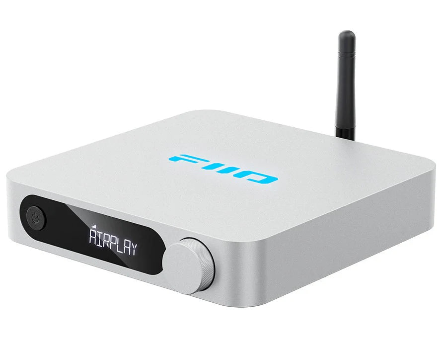 FiiO SR11 music streamer device with sleek design and control buttons, used for high-quality wireless audio streaming.