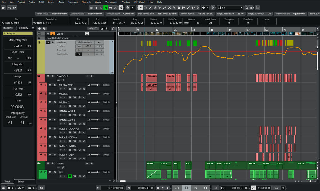 Steinberg Nuendo 15 DAW software interface on a computer screen, showcasing audio editing and mixing features.